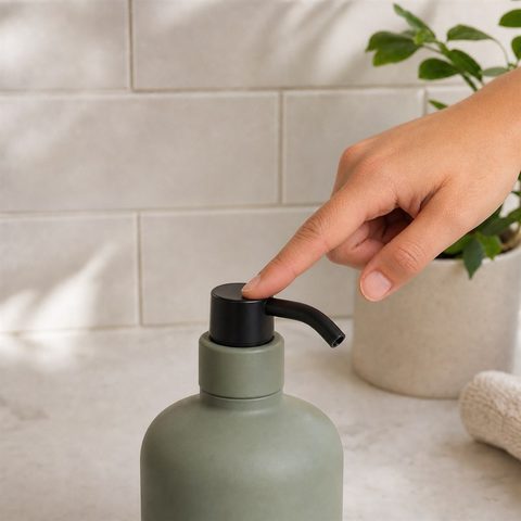 A bare soap pump being pressed with one fingertip